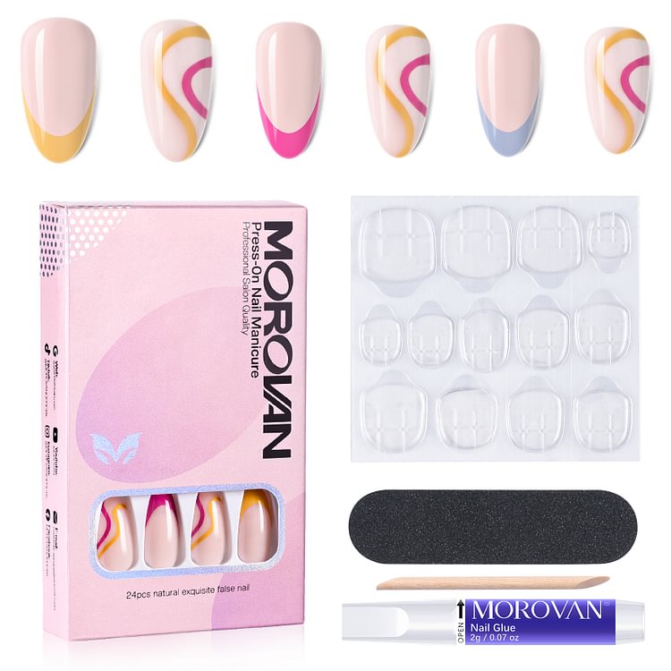 24PCS Fake Nails 14 Sizes Nude/Yellow/Blue Press On Nails Kit