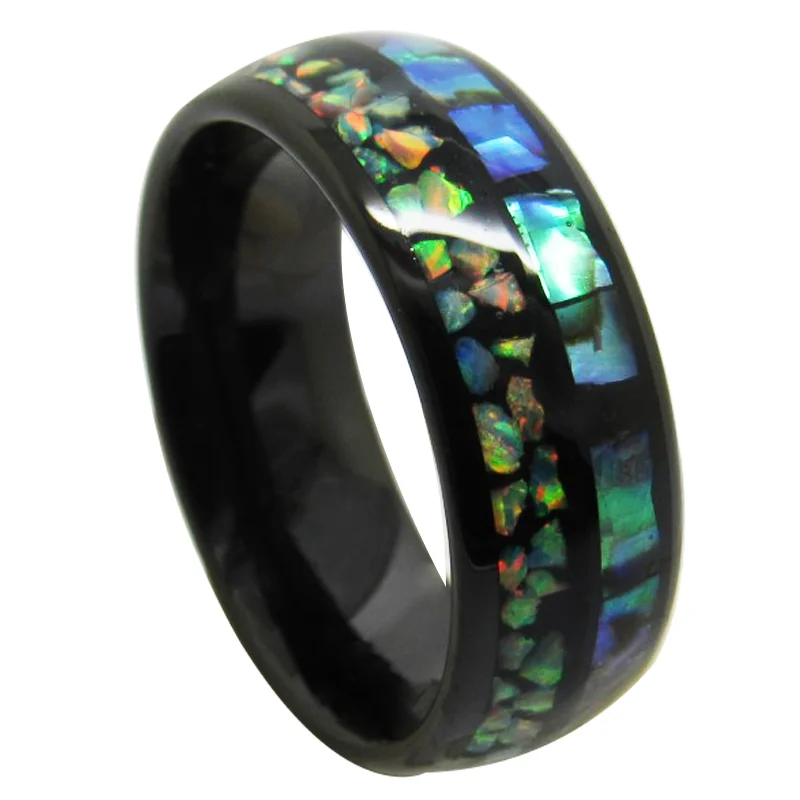 Full Arc Electric Black Tungsten Carbide Wedding Bands Inlaid Opal And Abalone Shell Couple Rings