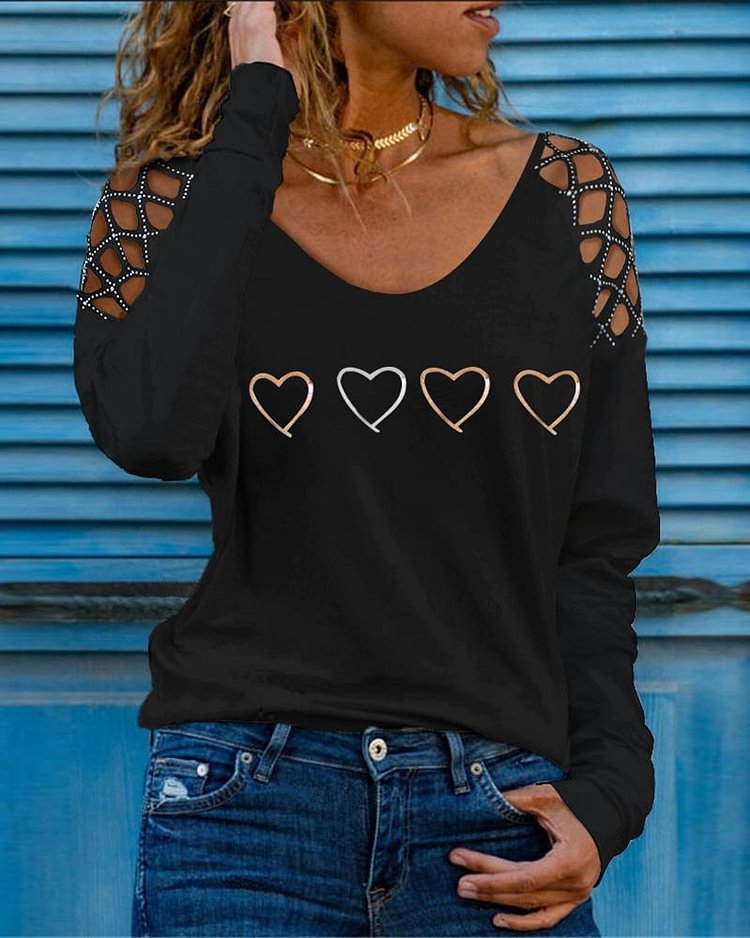 Heart Print Studded Hollow-out Long Sleeve Top P12272