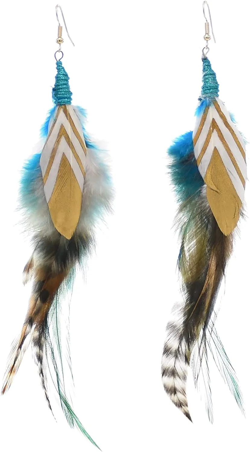 Punk Vintage Long Tassel Feather Beads Drop Wolf Tooth Pendant Earring Fish Hook Earrings