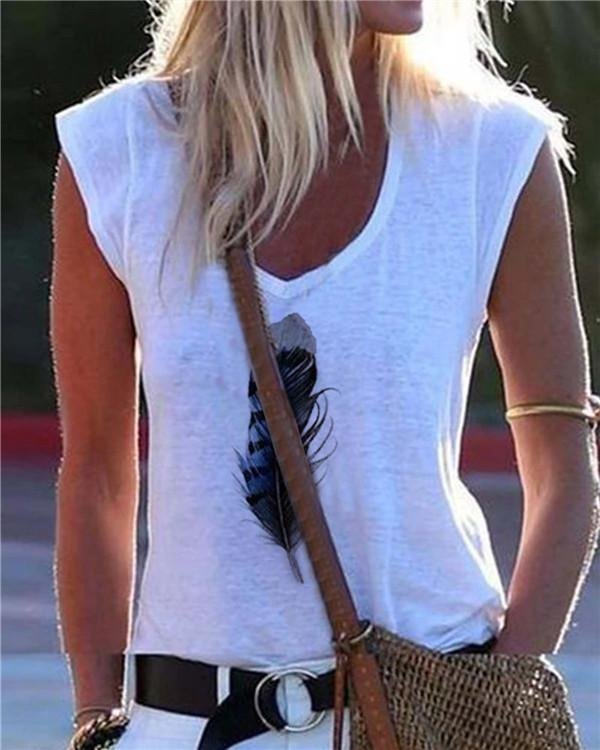 Paneled V-neck Feather Print Sleeveless Casual T-shirt