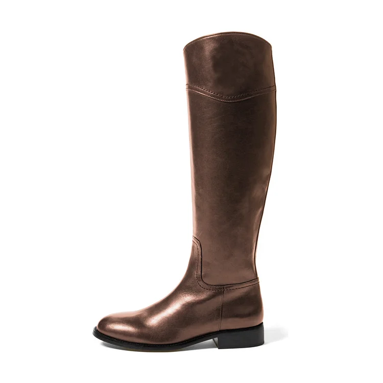 Shiny Brown Vegan Leather Round Toe Riding Knee Boots Vdcoo