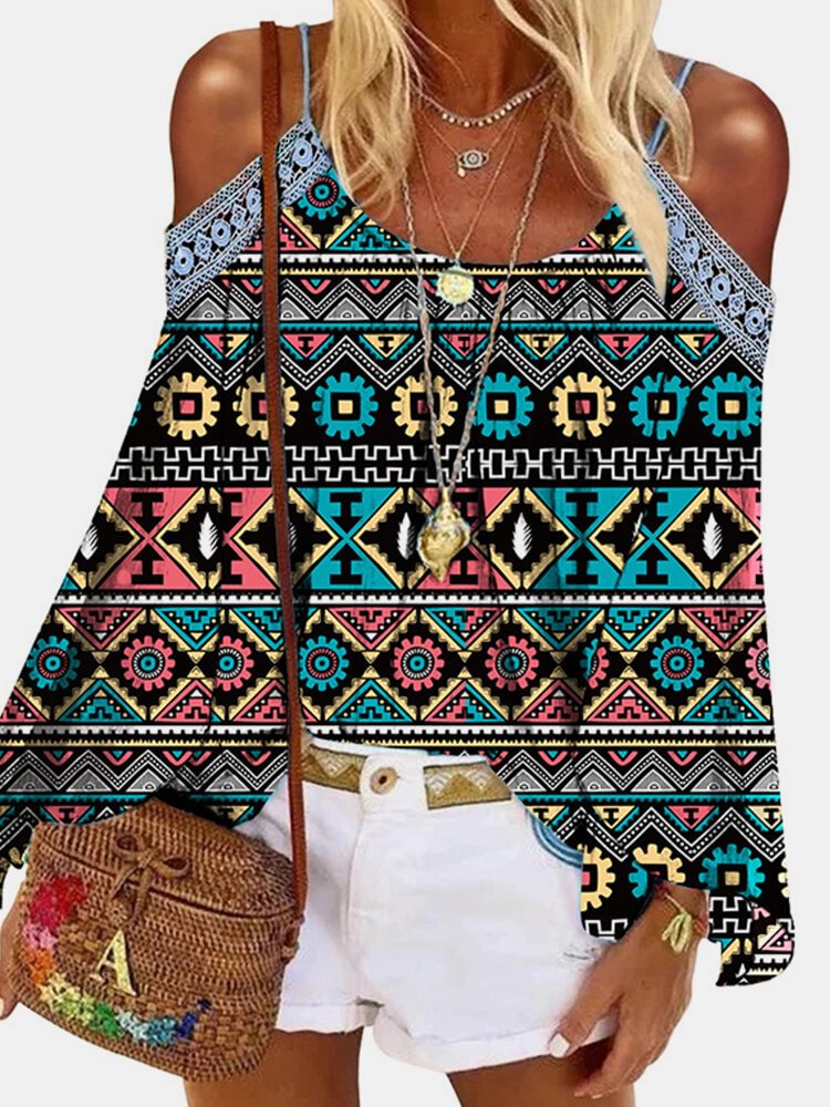 Bohemian Print Cold Shoulder Long Sleeve Blouse For Women P1711569
