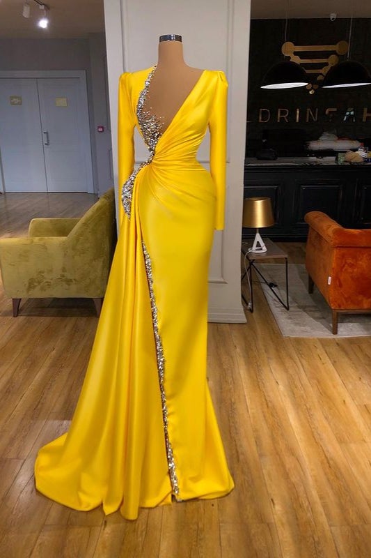 Long Sleeves Yellow Beads Prom Dress With Sequins