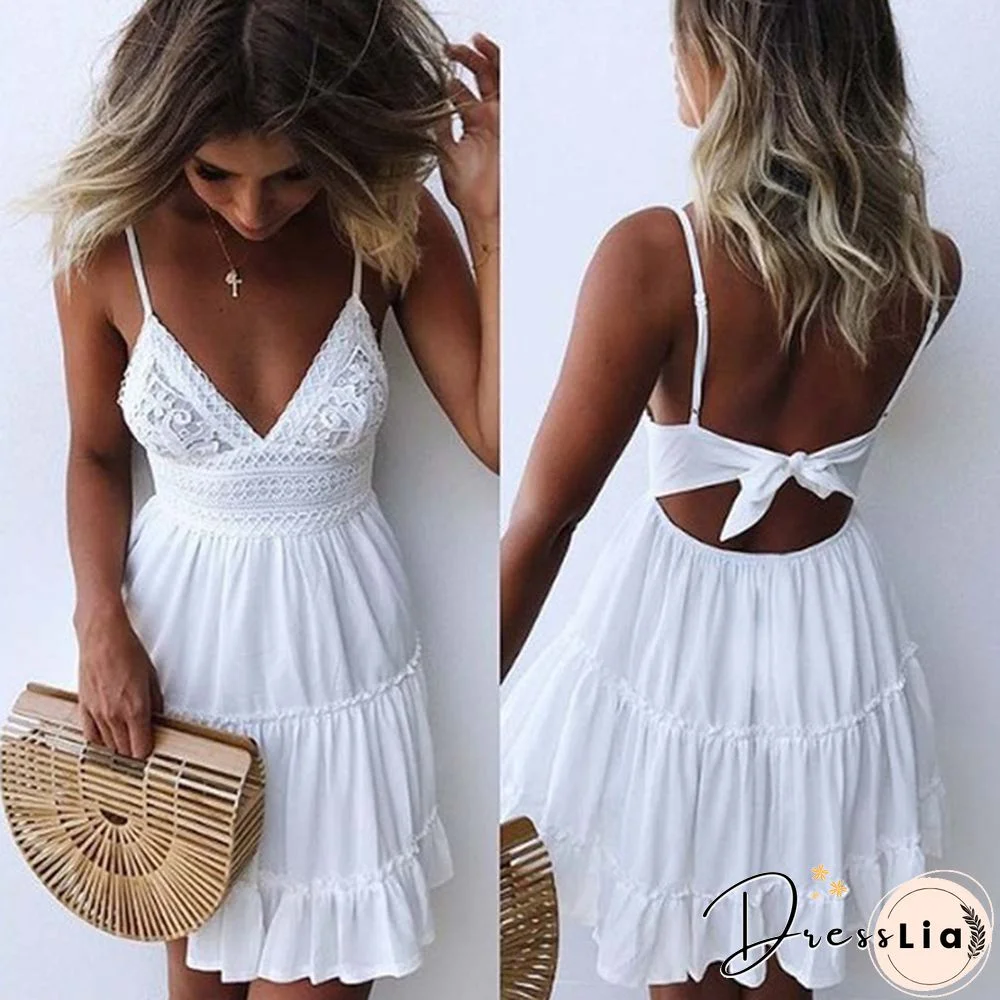 Women Summer Backless Mini Dress White Evening Party Beach Dresses Sundress