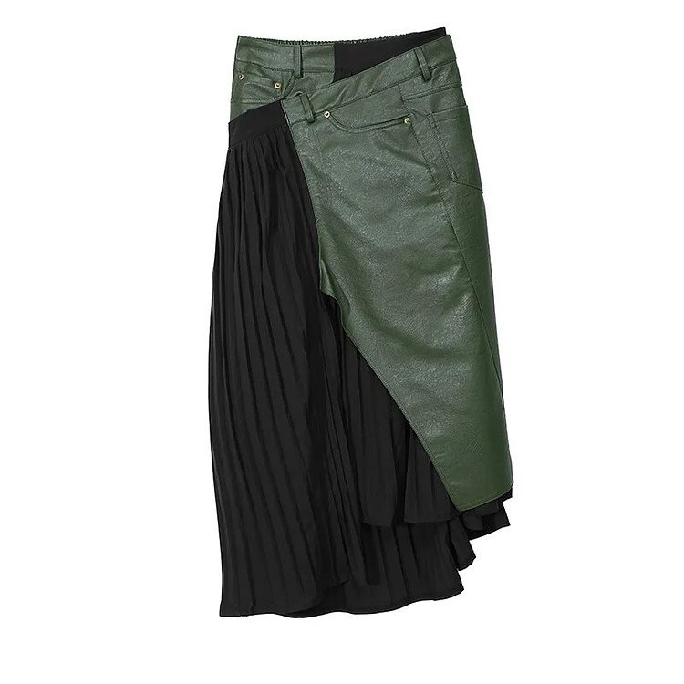 Unique High Waist Irregular Faux Leather Patchwork Pleated Skirt