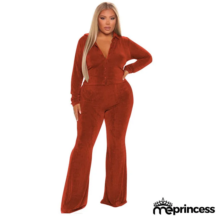 Autumn Winter Women Fashionable Plus Size Solid Color Frosted Velvet Long-Sleeved Top Wide-Leg Pants Two-Piece Set