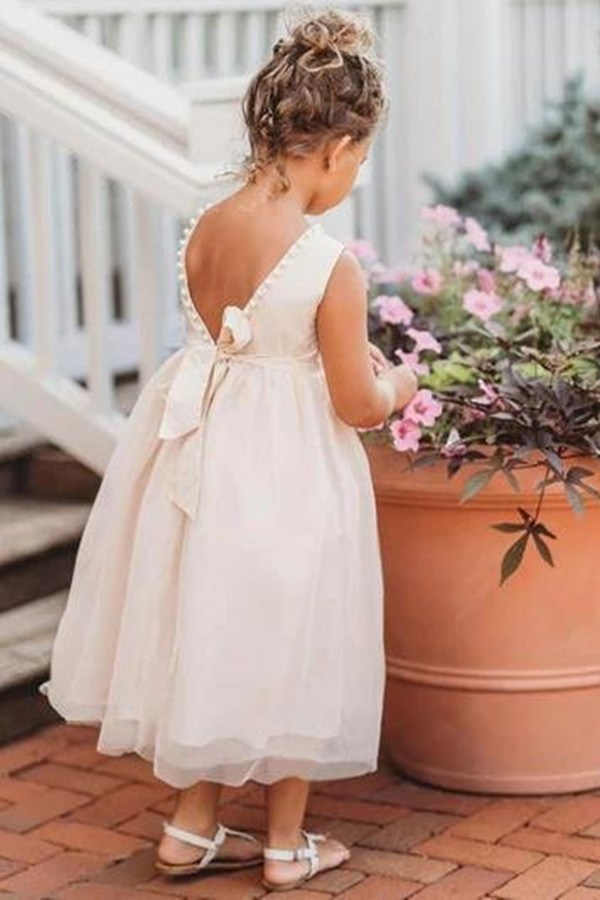 Dresseswow Tulle Scoop Flower Girl Dress With Pearls Bowknot