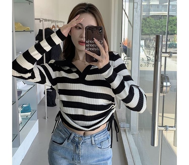 Long-Sleeve Striped Drawstring Knit Top YY79
