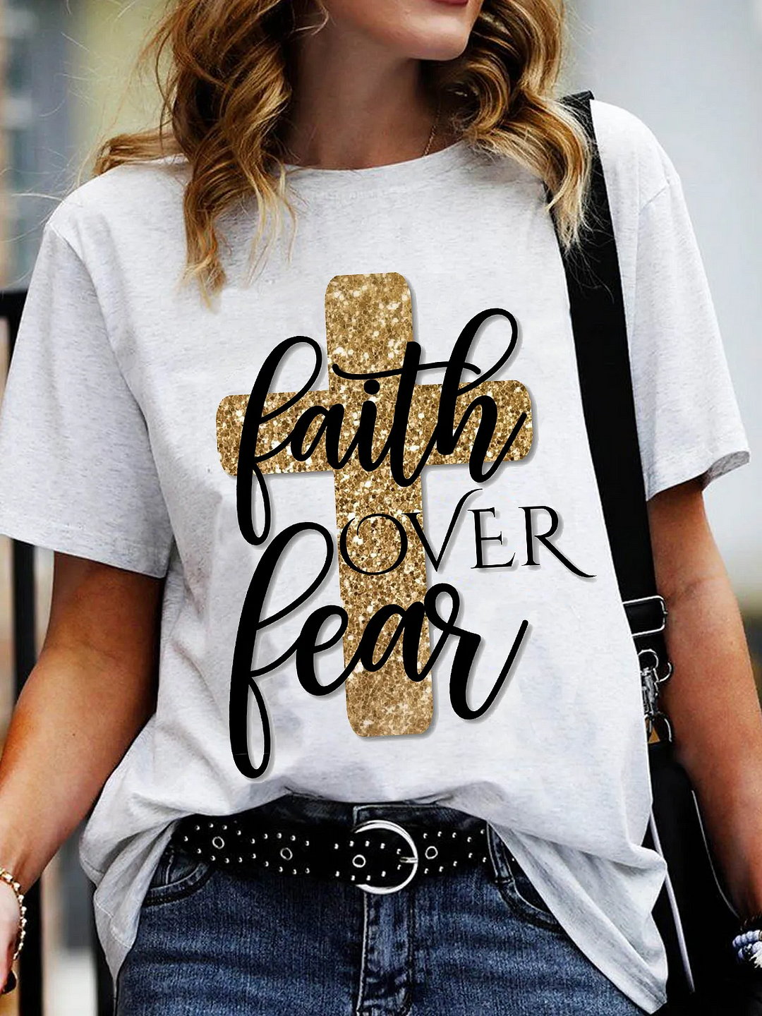 Oversized Faith Over Fear Print Casual T-Shirt