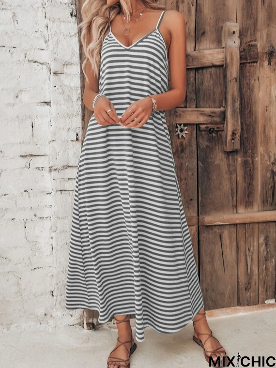 V Neck Striped Loose Casual Dress