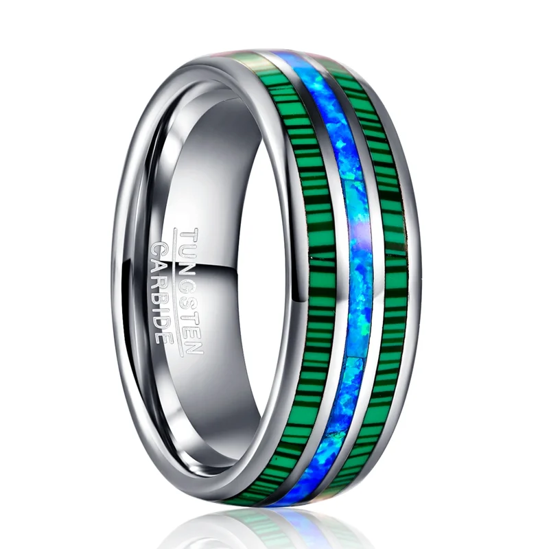 8mm Silver Natural Opal And Malachite Inlay Tungsten Carbide Rings Men's Wedding Bands