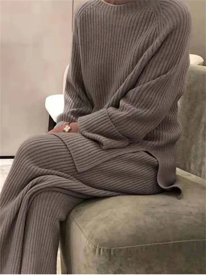 Women's Temperament Commuter Long-sleeved Pants Solid Color Knit Leisure Two-piece Knit Pullover Round Neck Sweater Set