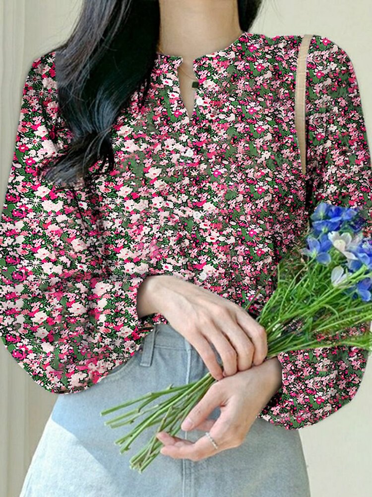 Floral Print Puff Sleeve Crew Neck Blouse For Women