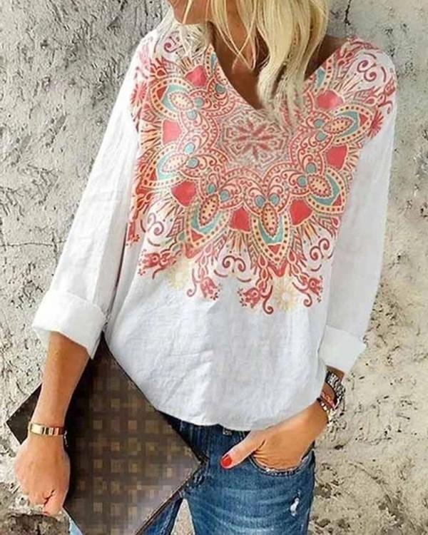Women Long Sleeve V-neck Floral Printed Top