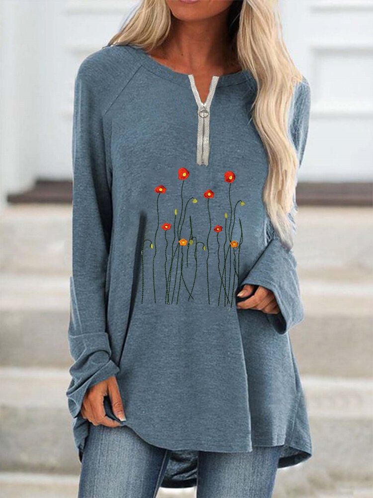 Flower Embroidery Long Sleeve Zip Front Asymmetrical T shirt For Women P1733537
