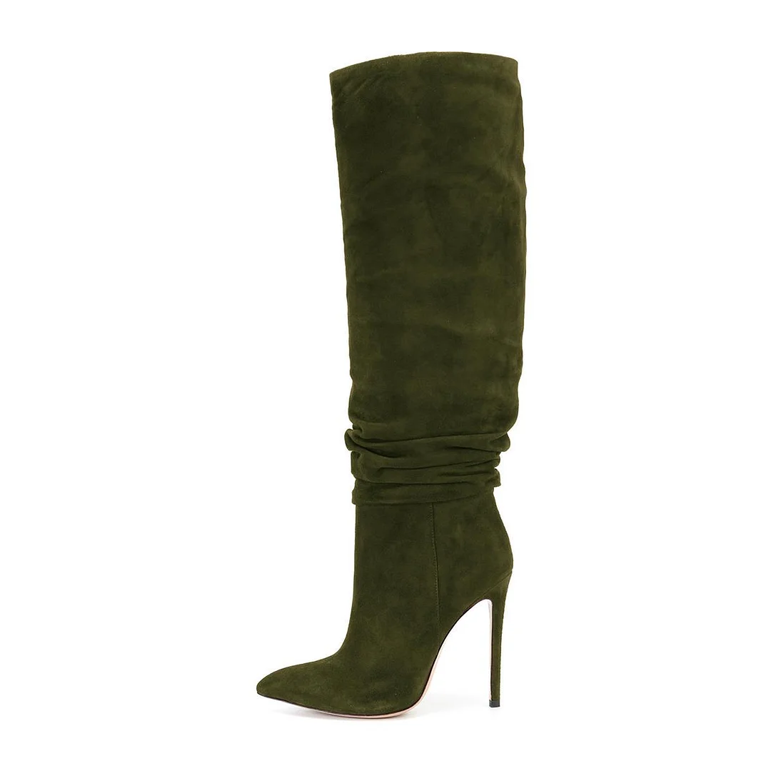 Pointed Toe Vegan Suede Stiletto Slouch Knee High Boots in Dark Green Nicepairs