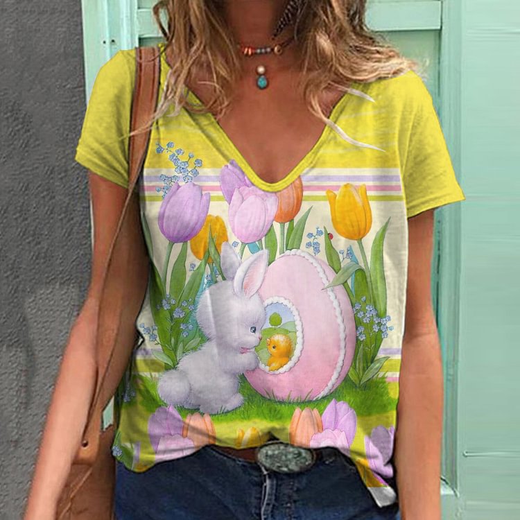 Casual Easter Bunny Print Short Sleeve T-Shirt