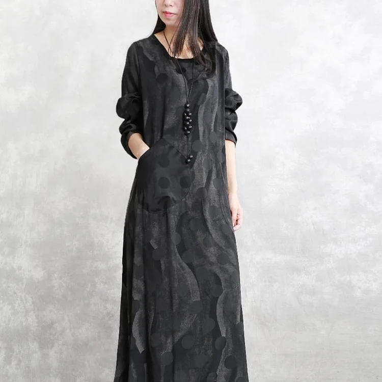 2019 gray dotted cotton blended caftans trendy plus size o neck pockets linen maxi dress casual long sleeve asymmetrical design caftans
