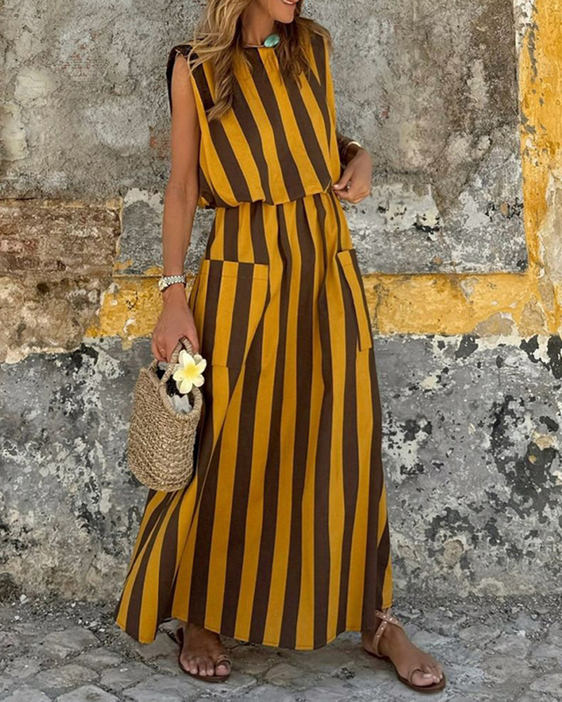 Vertical Stripe Sleeveless Front Pockets Maxi Dress
