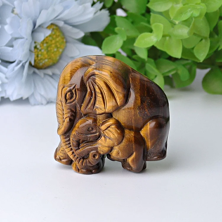 1.8" Yellow Tiger's Eye Elephant Baby & Mother Carvings Animal