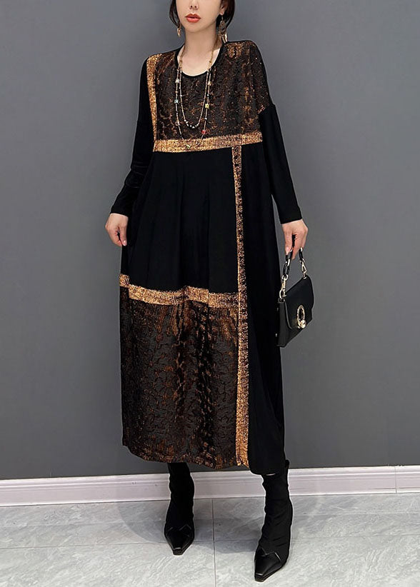 autumn new black patchwork cotton prints dresses plus size o neck mid dress main image 1