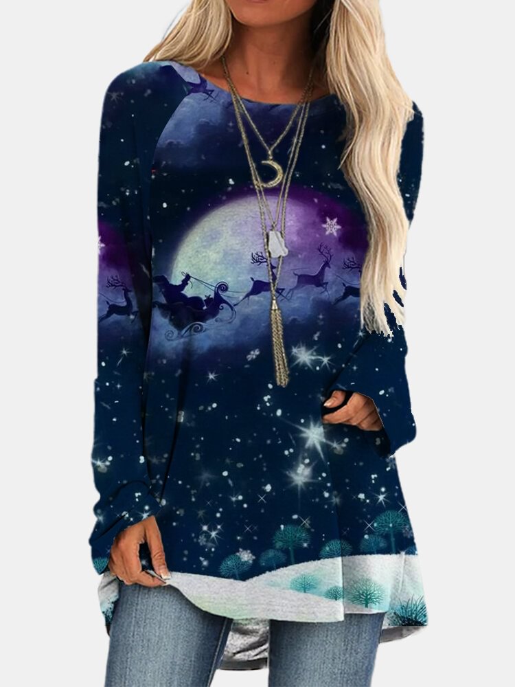 Casual Deer Moon Night Printed O neck Long Sleeve T shirt P1750731