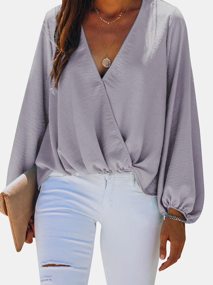 Solid Color Long Sleeve V neck Blouse For Women P1736733