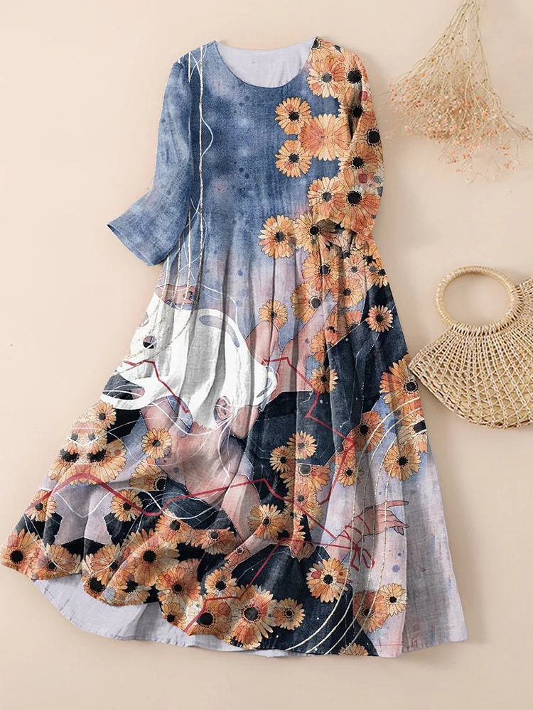 Women's Sunflower Mysterious Girl Surreal Art Cotton Maxi Dress