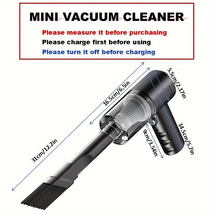 Rechargeble Handheld Wireless Vacuum Cleaner, 1200mAH Battery, USB Charging, Reusable Filter Cartridge, For Car Cleaning