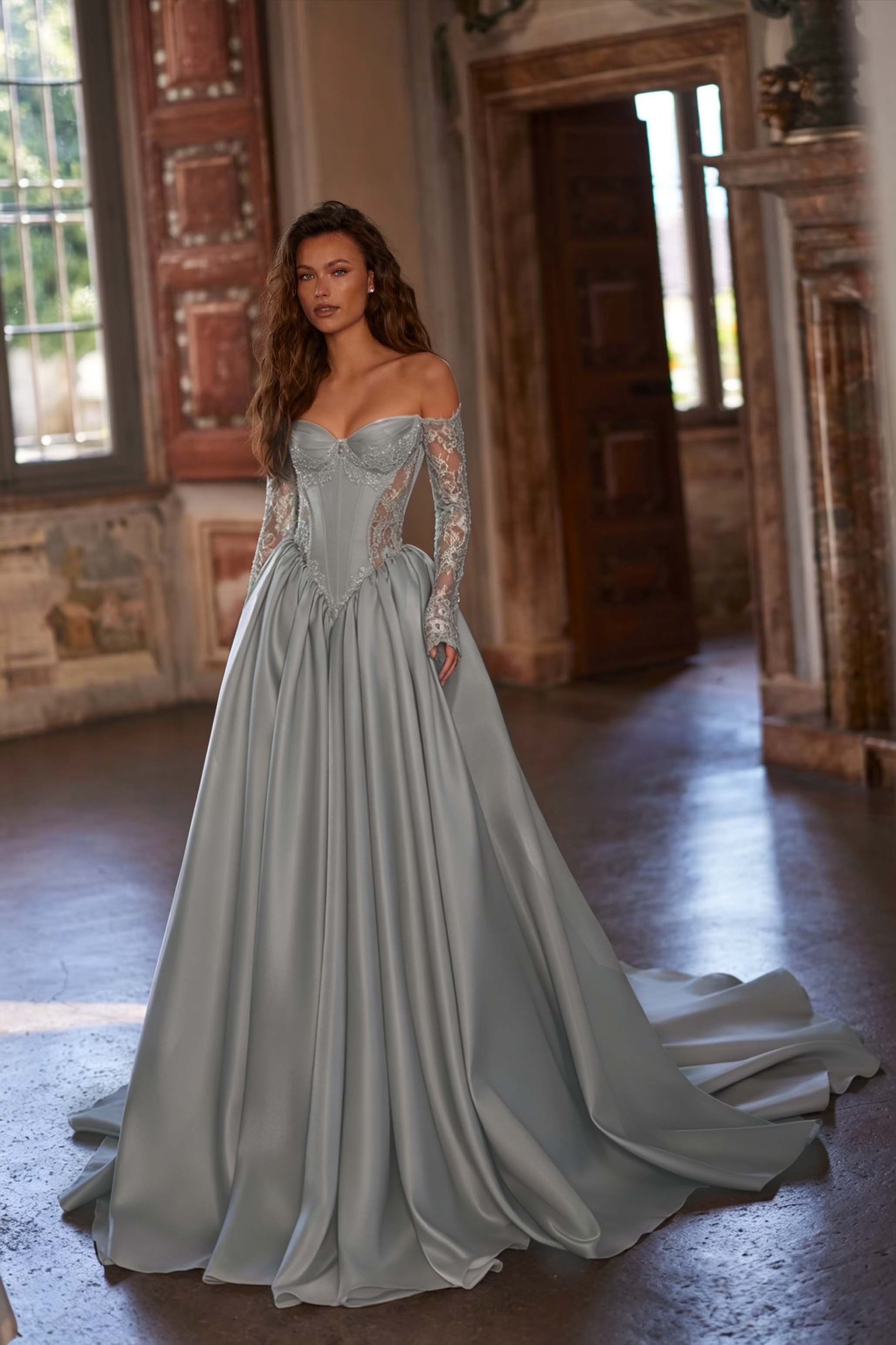 Lussooy Off-the-Shoulder Grey A-Line Evening Dress Long Sleeves With Lace