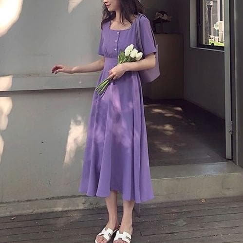 Retro High Waist Skinny Square Collar Chiffon Midi Dress SP16605