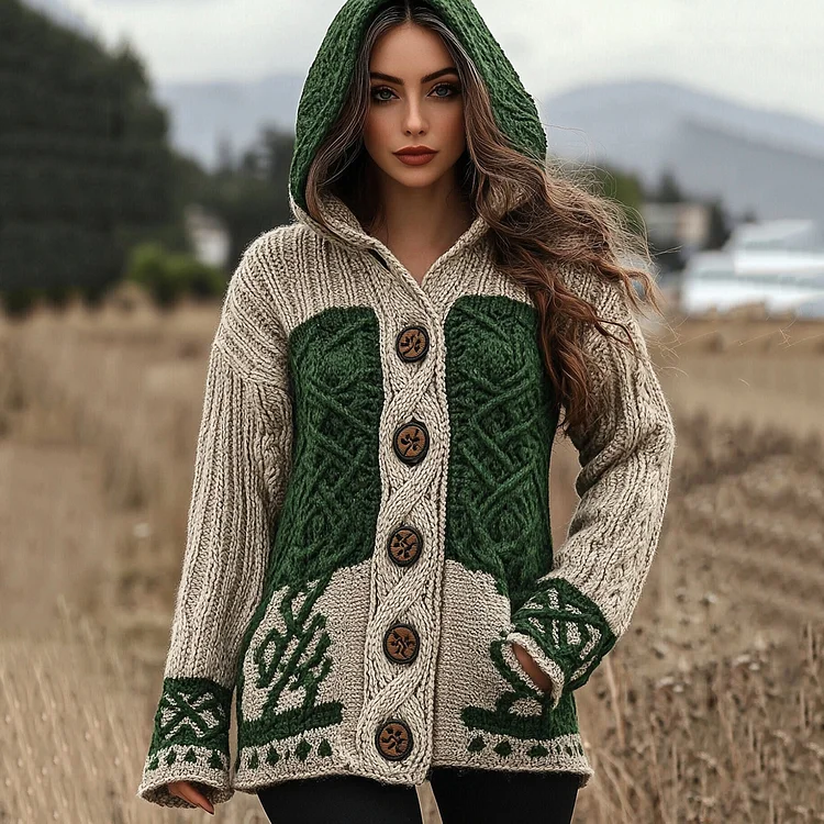 Women's Irish Celtic Jacquard Hooded Button Up Cardigan Sweater