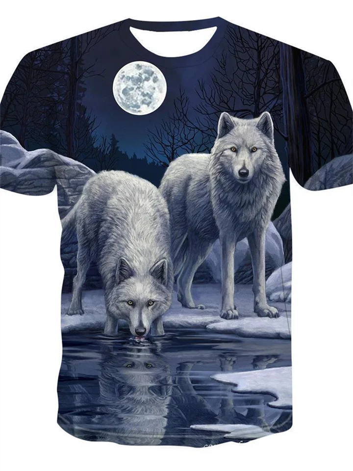 Men's Hipster Wolf 3d Printed T-shirt Printing Short Sleeve Fashion Summer Tee (blue, 2xl) 3D Animal Plus Size Round Neck Daily Holiday Tops-JRSEE