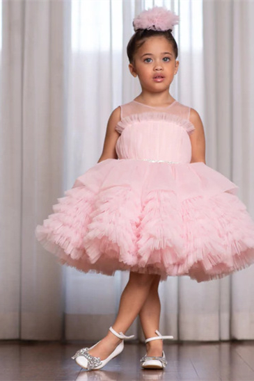 Dresseswow Sleeveless Tulle Pink Flower Girl Dress Short Pageant Dress