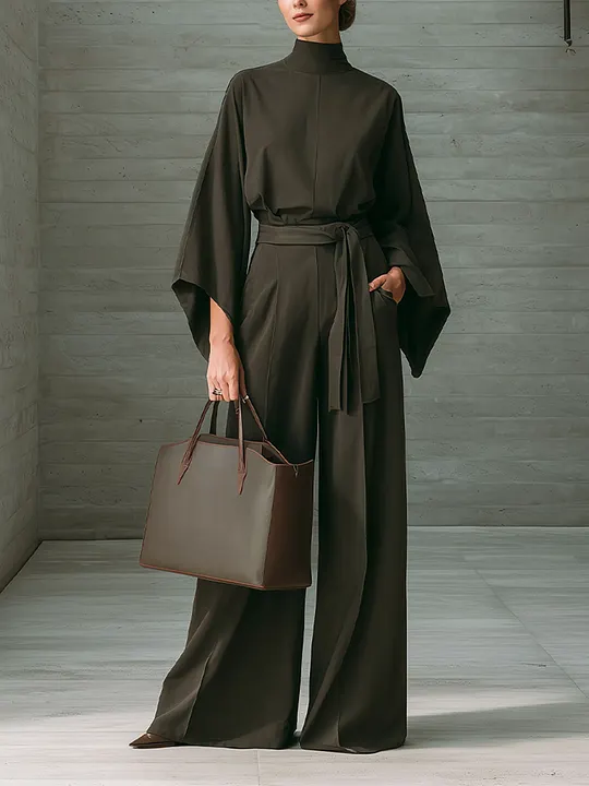 Women's Belted Elegant Solid High Neck Batwing Wide Leg Jumpsuit MD