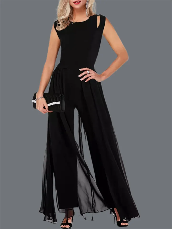 Women's Jumpsuit Solid Color V Neck Elegant Party Prom Straight Regular Fit Short Sleeve Black S M L Spring-JRSEE