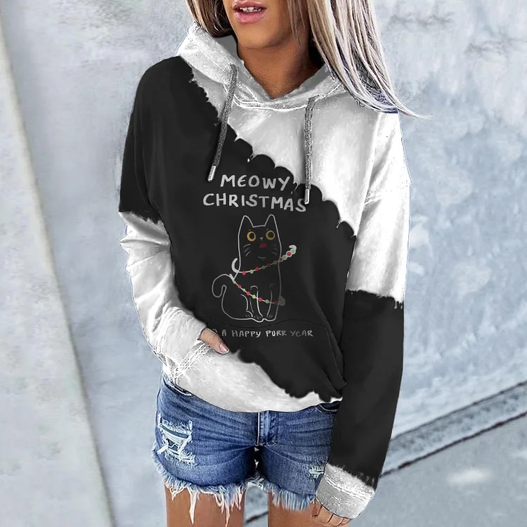 Vefave Casual Cat Colorblock Print Long Sleeve Hoodie