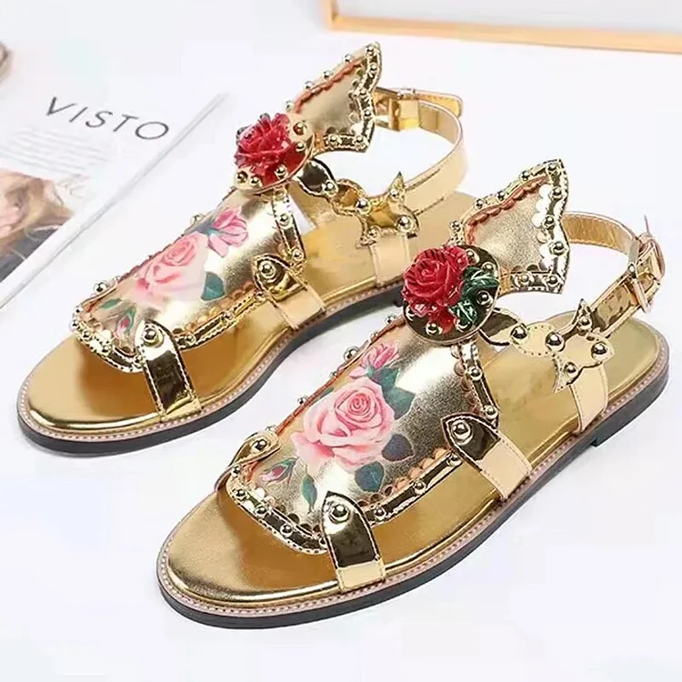 Gold Flower Gladiator Sandals Woman Open Toe High Heels Flat Party Shoes