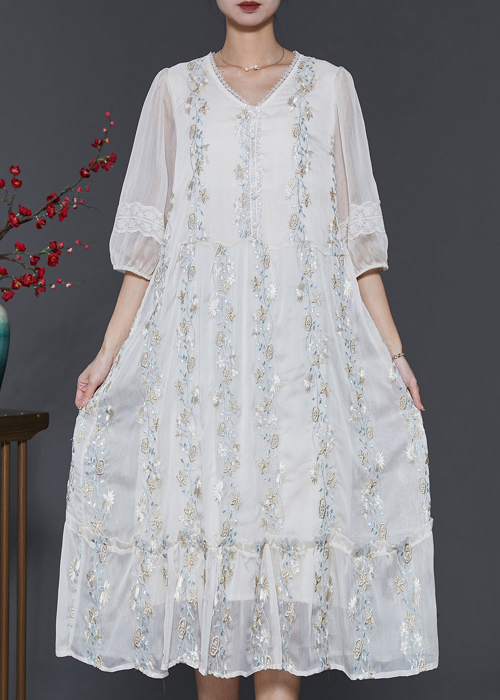 Boutique White Lace Patchwork Chiffon Shirts Dress Spring main image 1