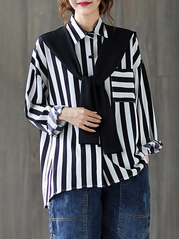 Loose Striped Lapel Collar Long Sleeve Shirt