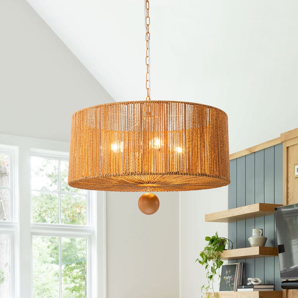4-Light Bohemian Brown Rope Wide Drum Pendant Light