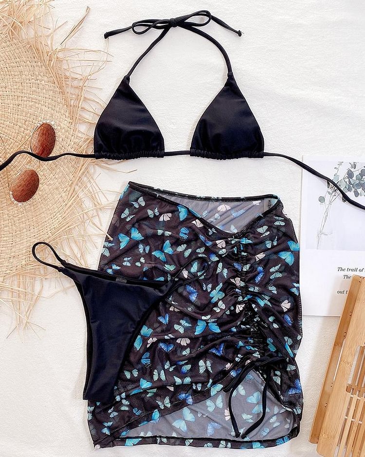 Plain Halter Bikini Set With Butterfly Print Ruched Cover Up Skirt