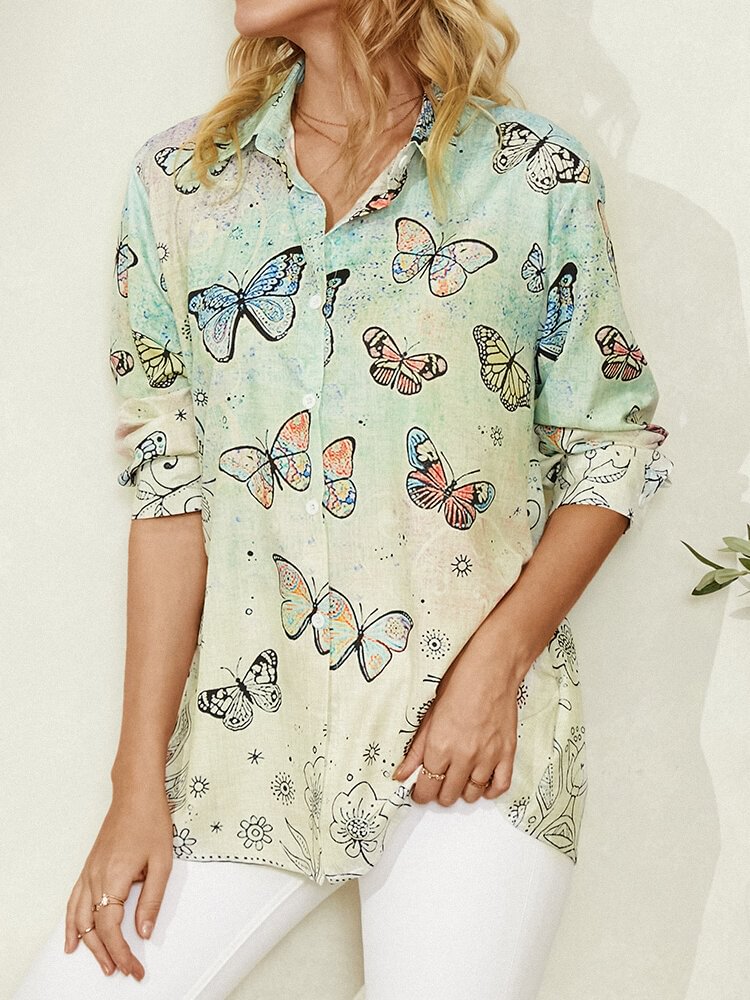 Butterfly Print Lapel Long Sleeve Casual Shirt For Women P1805979