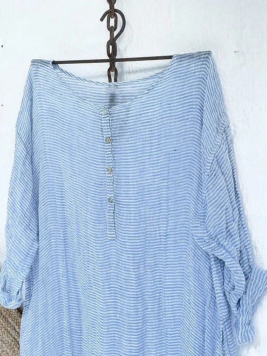 Casual Button Stripe Half Sleeve Dress