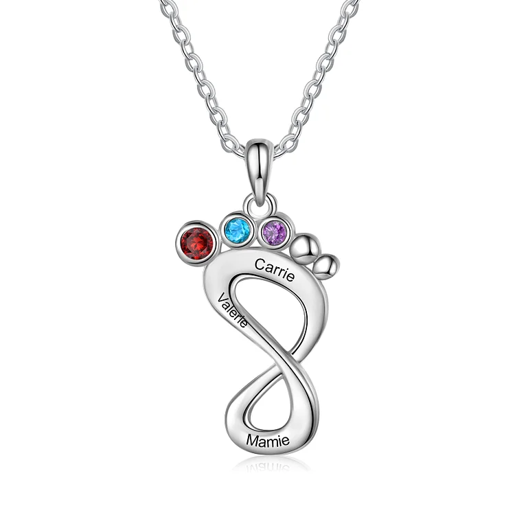 Personalized Infinity Baby Feet Necklace Custom 3 Birthstones Family Necklace