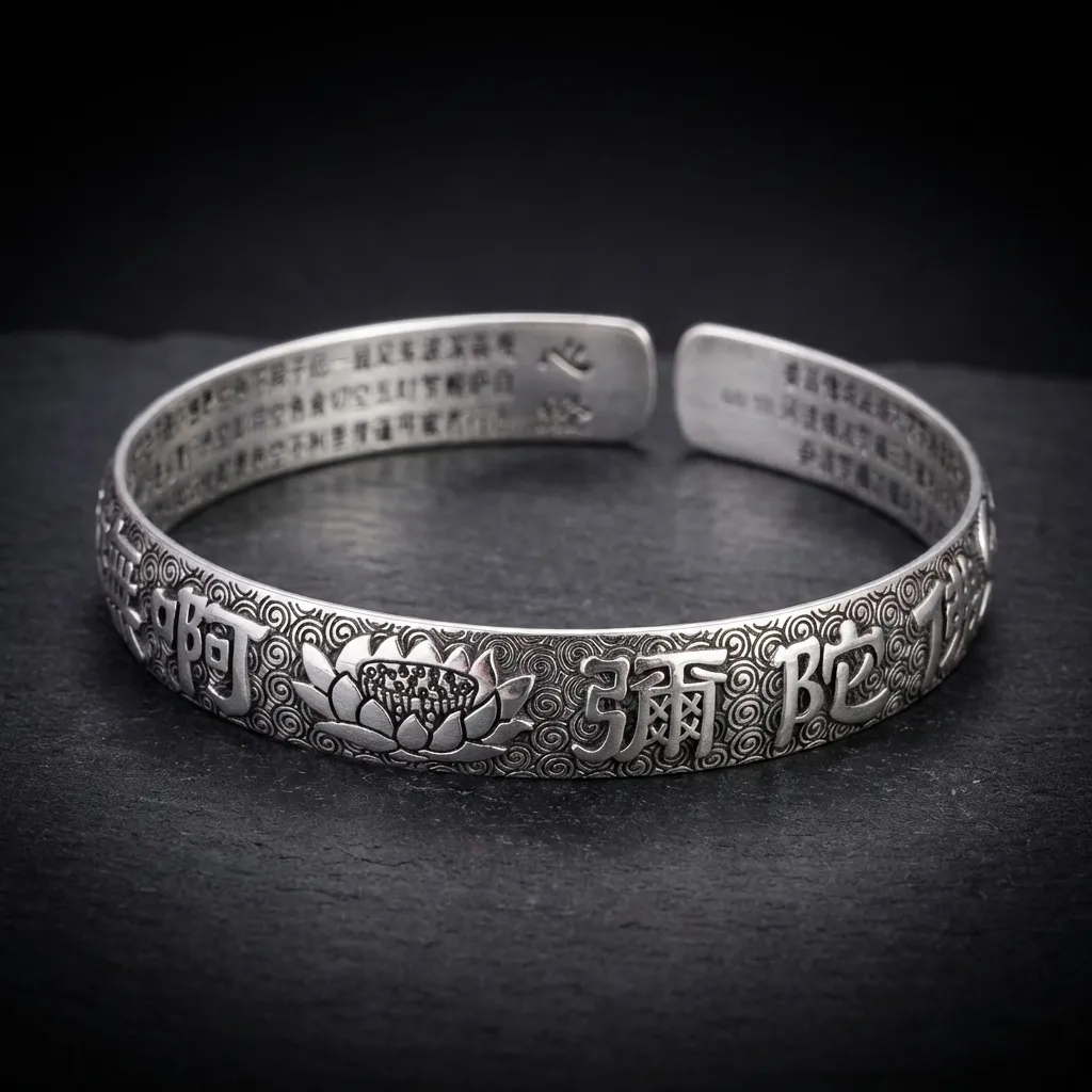 The Serenity Lotus Cuff: Vintage Matte Silver Heart Sutra Bracelet