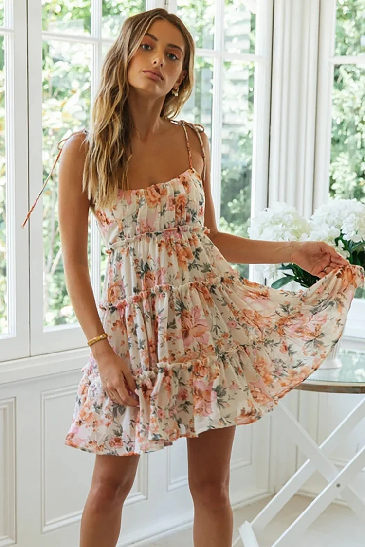 Floral Print Vacation Tied Up Boat Neck All Over Tiered Pleated Tulle Slip Mini Dresses