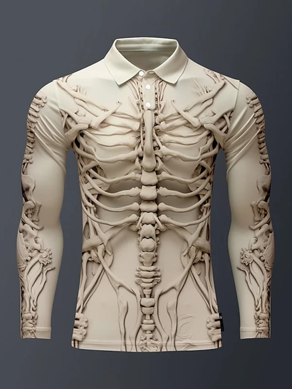 Men's Retro 3D Skeleton Embossed Print Long Sleeve Polo Shirt