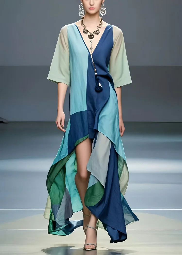 Fine Polychrome Asymmetrical Low High Design Cotton Dresses Summer